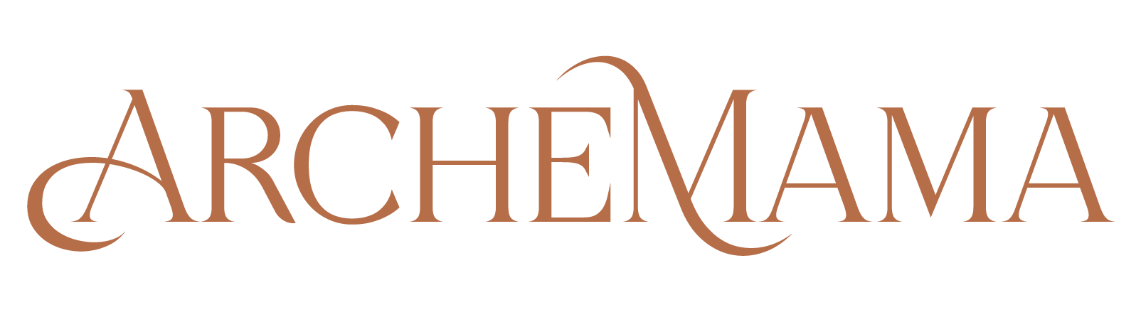 ArcheMama logo in elegant serif font with flowing curves and warm terracotta color